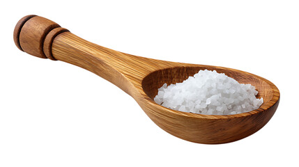 Wooden spoon filled with white salt isolated on transparent background