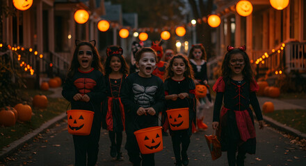 Fototapeta premium A joyful group of children in spooky costumes walking down a decorated street for Halloween trick-or-treating.