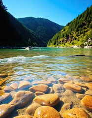 Crystal-clear river water flows gently over golden stones, framed by lush green forested mountains under a vivid blue sky – AI Generated Digital Art