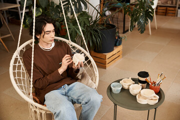 Handsome stylish man creates unique pottery pieces in a cozy creative studio setting