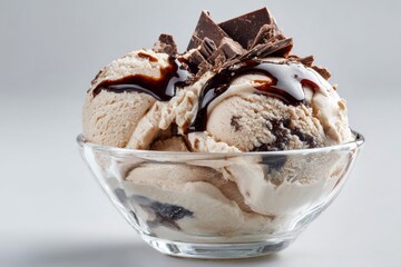 Coffee ice cream in glass bowl with chocolate shavings on top