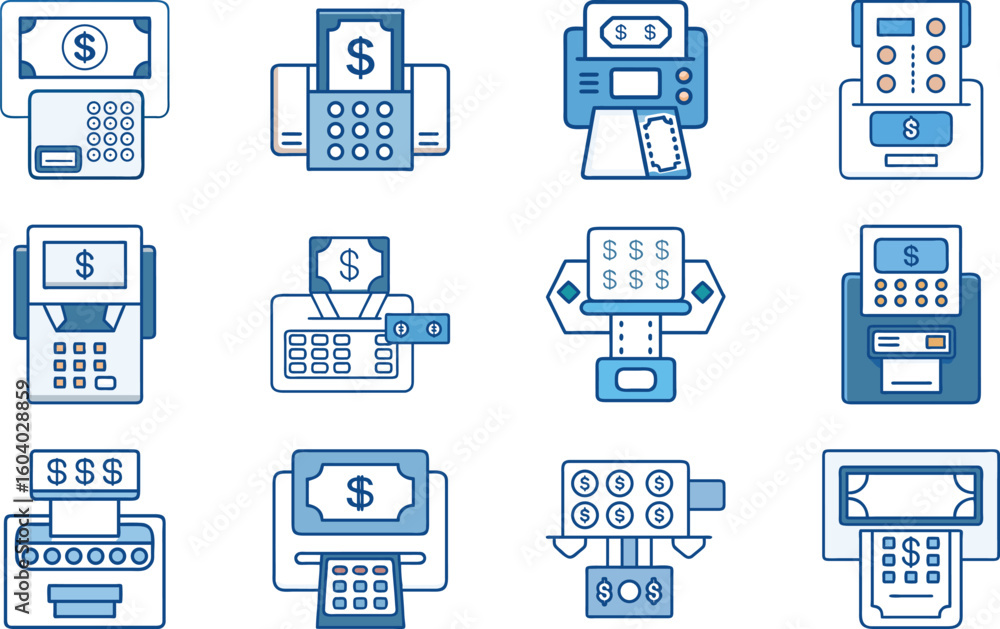 Poster collection of vector icons representing various atms dispensing us dollar currency with modern flat 