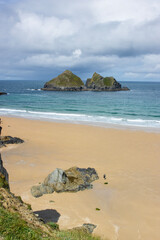 Elevated view of 'Holywell Bay' rugged awe inspiring beach in Cornwall