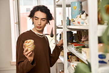 Handsome stylish man explores creativity in a vibrant pottery studio full of art pieces