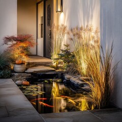 Outdoor pond with lighting and foliage.  Pathway leading to a modern home. Autumnal tones