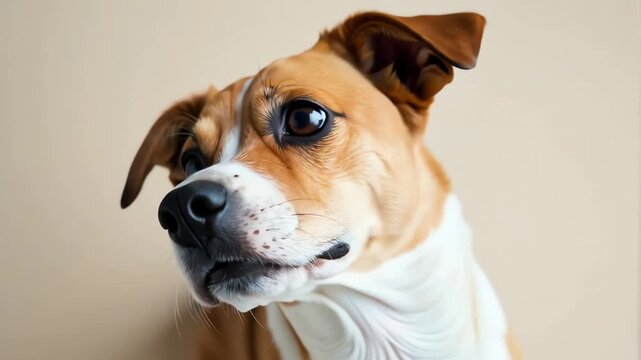 Dog looking curiously with a soft expression against a neutral background  
