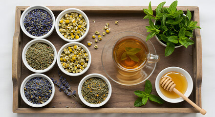 A top view of a variety of dried herbal teas like chamomile and lavender in bowls on a wooden tray, served with fresh mint and honey.