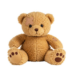 Fototapeta premium A sweet teddy bear with a bandage is sitting looking at the camera.