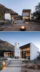 Two-story modern house with outdoor patio areas, situated amidst desert landscaping