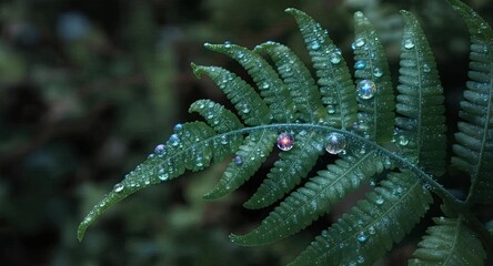 A macro image of a green fern leaf adorned with sparkling dewdrops, each droplet reflecting light like tiny prisms  - AI Generated Digital Art