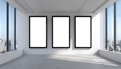 Obraz premium Empty art gallery with city view, three blank canvases