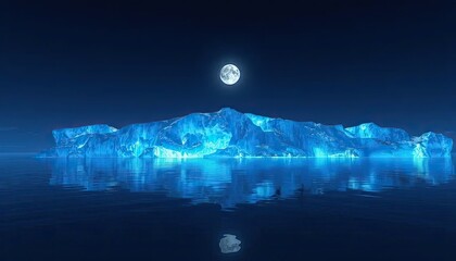 A glowing iceberg under a full moon reflects in calm, dark waters, casting an ethereal blue light across a serene polar night scene – AI Generated Digital Art.