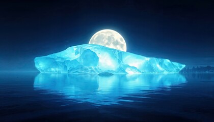 A glowing blue iceberg floats on calm reflective waters under the full moon, illuminating the surreal night with ethereal light in a tranquil arctic scene – AI Generated Digital Art