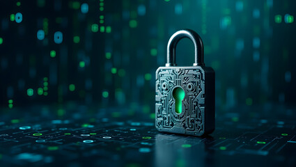 Cybersecurity concept with digital lock and binary code background