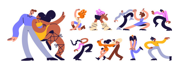 Funny dancing people set. Happy men and women enjoy the disco. Diverse characters move to music together or alone. Dancers perform, have fun at the party. Flat isolated vector illustrations on white
