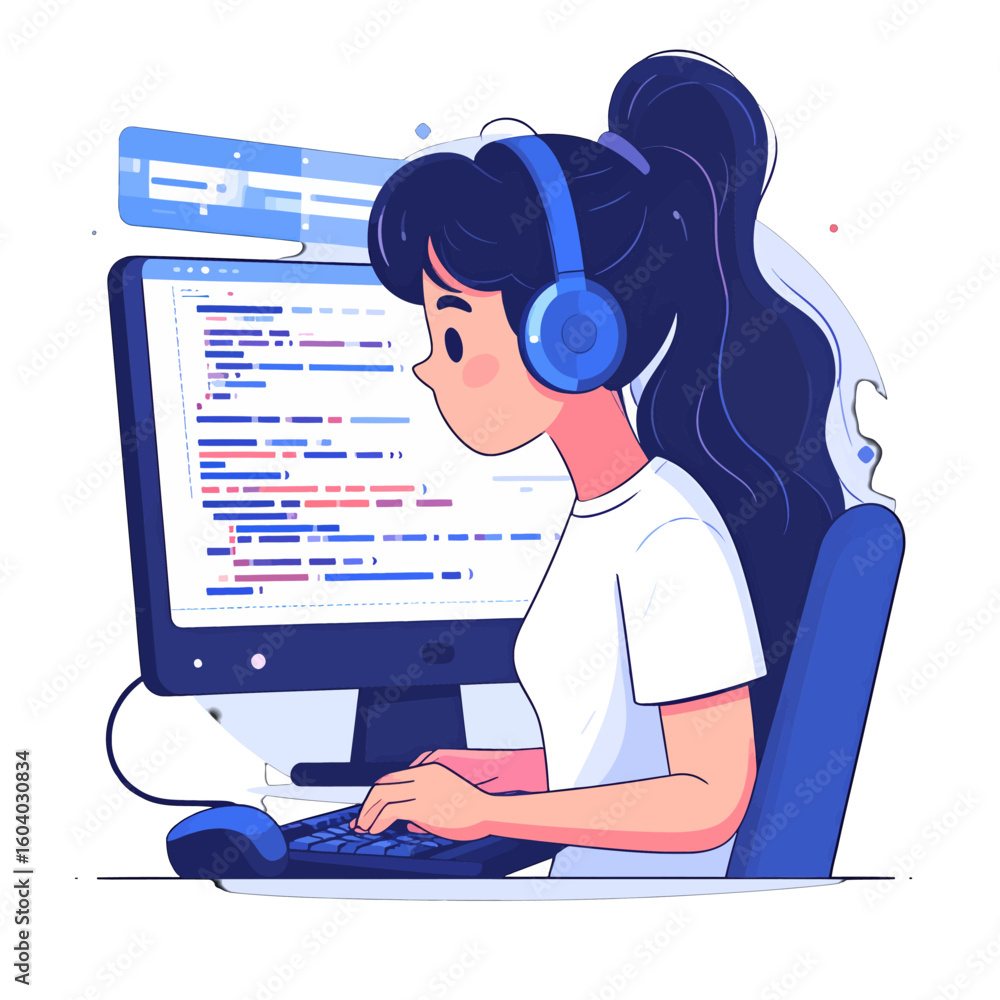 Poster woman coding on computer wearing headphones at desk in front of monitor showing code