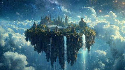 Ethereal Floating Island Cityscape: Fantasy Architecture, Serene Cloudscape, Celestial Background.