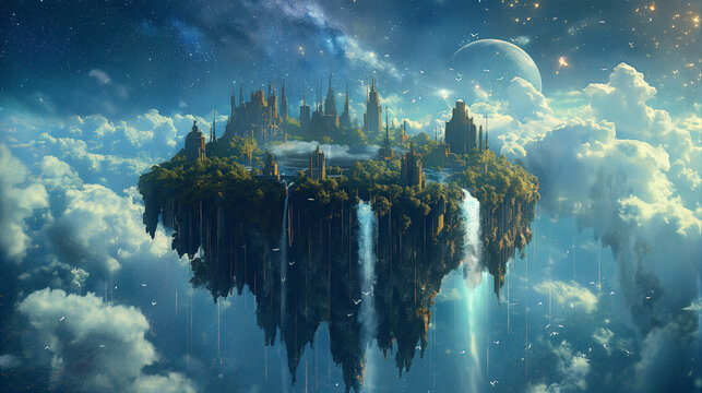 Ethereal Floating Island Cityscape: Fantasy Architecture, Serene Cloudscape, Celestial Background.