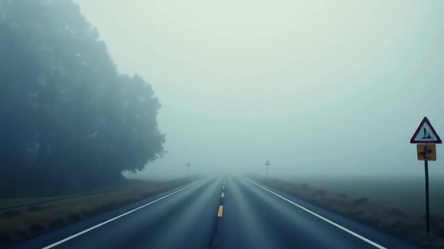 Empty road in fog with warning signs and trees lining the sides  