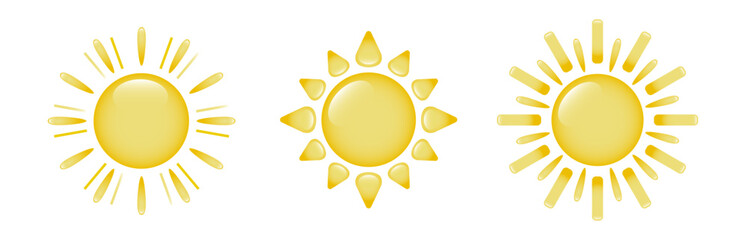 A set of three three-dimensional, cartoon sun icons with different rays on a white background. A collection of cartoon suns with highlights. Logo, sun sticker. Vector EPS 10.