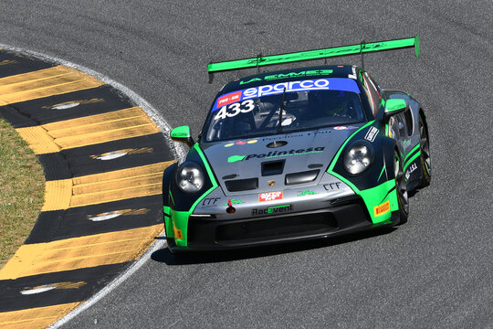 Scarperia, Italy - 11July th 2025: Porsche 911 GT3 Cup (992) of team RACEVENT drive by Martinelli and Stifter in action during Italian Championship GT Endurance event at Mugello Circuit.
