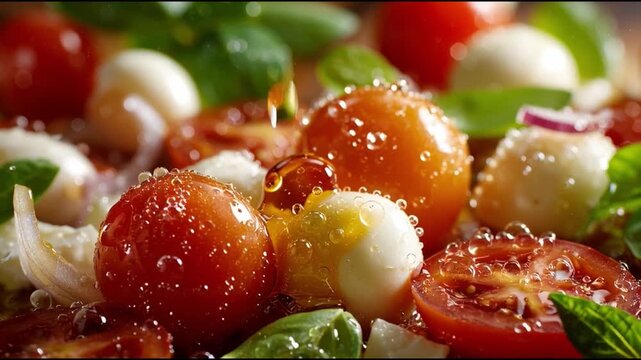 A macro shot of a refreshing Caprese salad with fresh ingredients, creating an inviting visual