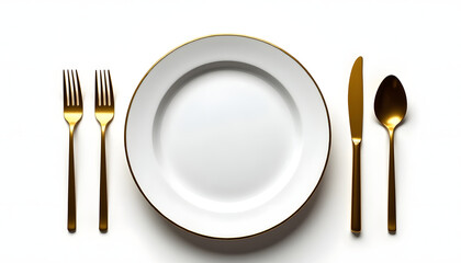 A stylish, minimalist table setting with gold cutlery and a white plate.