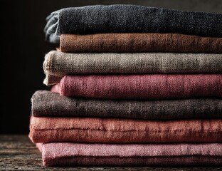 Stack of folded linen cloths in earthy tones