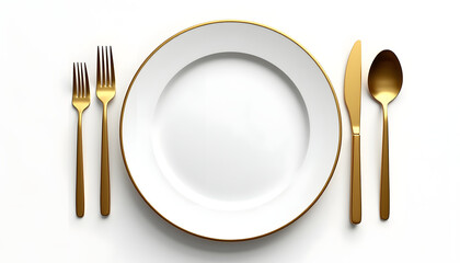 A sophisticated table setting with gold cutlery and white plate.