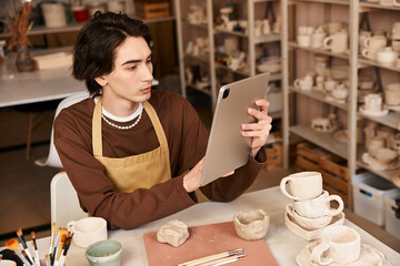 Creative man explores pottery techniques in a vibrant ceramics studio