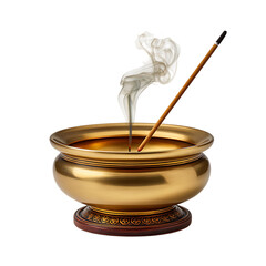 Golden incense burner with smoke isolated on transparent background