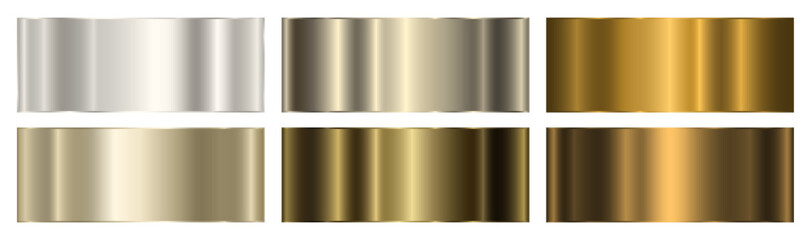 A set of metallic gold and platinum gradients. A collection of six shades of gold. Polished glossy abstract background. Vector EPS 10.