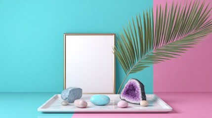Pastel Pink and Teal Minimalist Still Life with Crystals and Palm Leaf Mockup