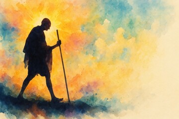 Silhouette of gandhi in paint splatters style.