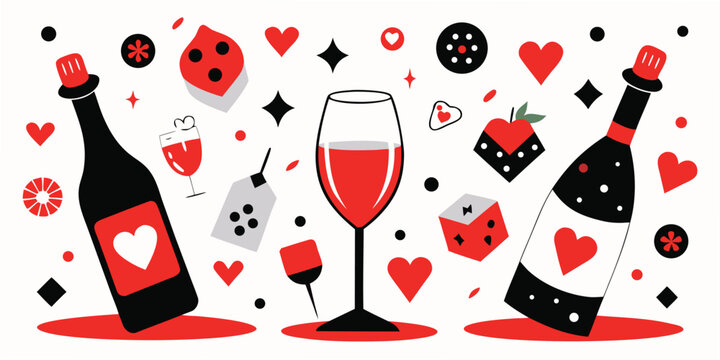 Festive wine themed graphic composition featuring wine glasses wine bottles and romantic decorative elements on a white background