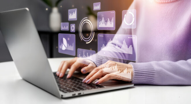 Data analytics and virtual graphs background. Analysis of statistical business marketing data. Data scientist using laptop computer to analyze virtual data. - Powered by Adobe