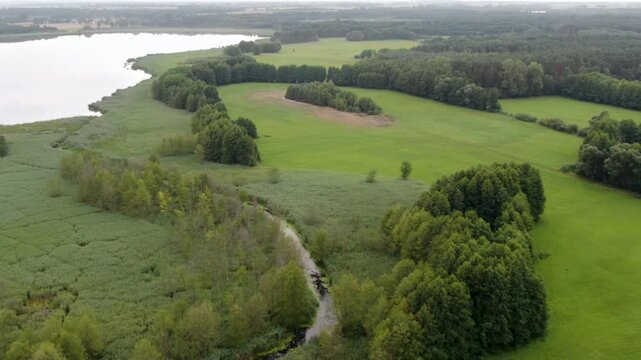 łąka las jezioro torfowisko natura polska z lotu ptaka dron