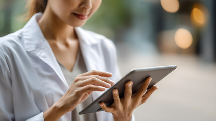 asian doctor's hands reviewing patient charts on a tablet, with a blurred white coat visible