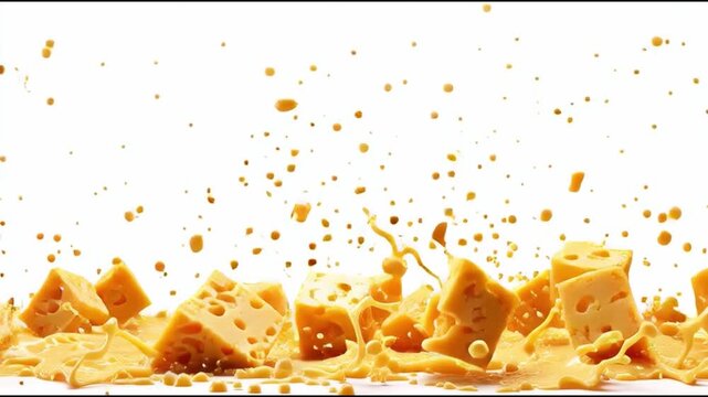 Vibrant close-up image of cheese pieces in a splash of liquid. Showing cheese cubes colliding, creating an artistic effect