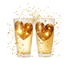 Two glasses of drinks with golden hearts isolated on transparent background