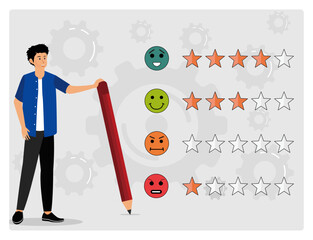 Survey feedback concept. Man with pencil next to various emotions.