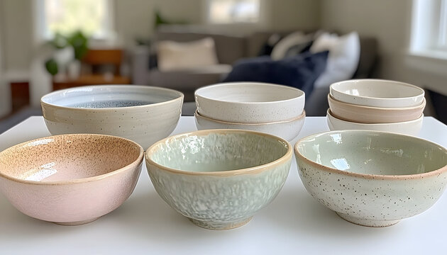 Assorted Ceramic Bowls Displayed on a White Surface in a Brightl