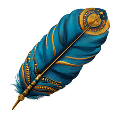 Ornate steampunk feather with intricate gold details isolated on transparent background