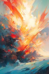 An abstract, painterly illustration of a powerful explosion. A chaotic mix of bright orange, red, and yellow fire contrasts with cool blues, greys, and whites, suggesting a clash of elements.