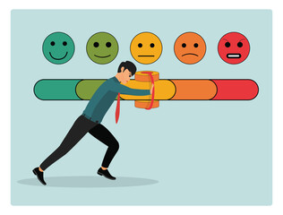 Customer feedback concept. man trying to push customer feedback bar to be excellent smile.