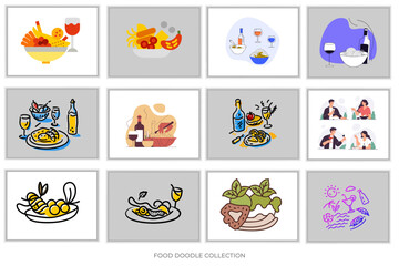 Fototapeta premium Vector illustration of various Italian food hand drawn in doodle style. Illustration of Italian food including pasta, olives, pizza, cheese, tomatoes, lemons, wine. 
