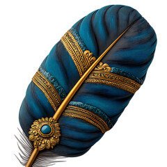 Ornate blue and gold feather quill isolated on transparent background