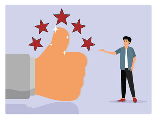 Best star rating concept. Man Presenting a Five Star Thumb Up Symbol.