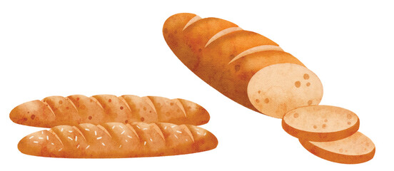 Watercolor illustration of french baguette. Fresh baked homemade baguette bread isolated on white background. 