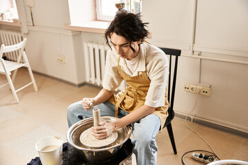 Creative artistry unfolds as a stylish man crafts pottery in a ceramic studio